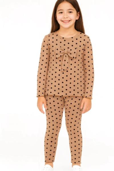 PUANLI FİYONKLU OMUZ FIRFIRLI FİTİLLİ KIZ TAKIM PUANLI BEJ