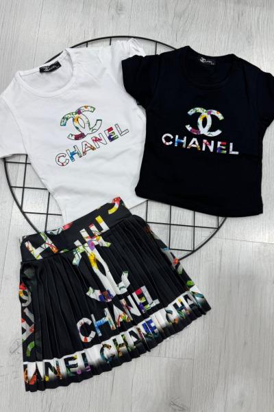 RENKLİ CHANEL ETEKLİ TAKIM Beyaz