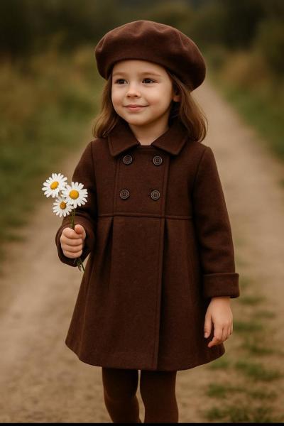 ŞAPKALI 2 DÜĞMELİ DÜZ KIZ KABAN Acı Kahve