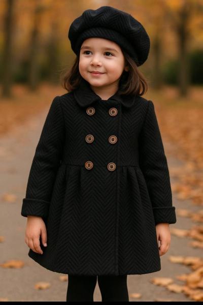ŞAPKALI 3 DÜĞMELİ KAZ AYAĞI DESENLİ KIZ KABAN Siyah