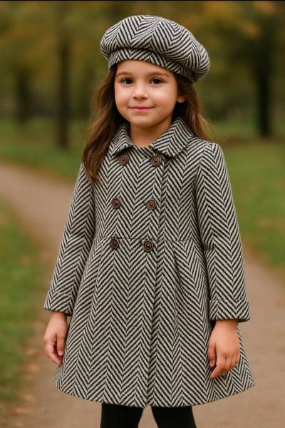 ŞAPKALI 3 DÜĞMELİ KAZ AYAĞI DESENLİ KIZ KABAN Siyah Beyaz