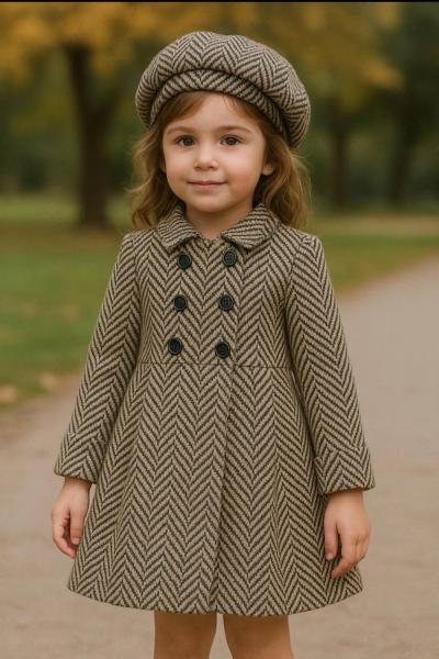 ŞAPKALI 3 DÜĞMELİ KAZ AYAĞI DESENLİ KIZ KABAN Bej