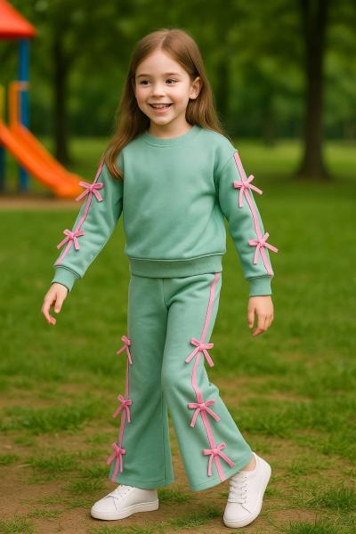 ŞERİTLİ FİYONKLU 2 İP KIZ EŞOFMAN TAKIMI  Mint Yeşili