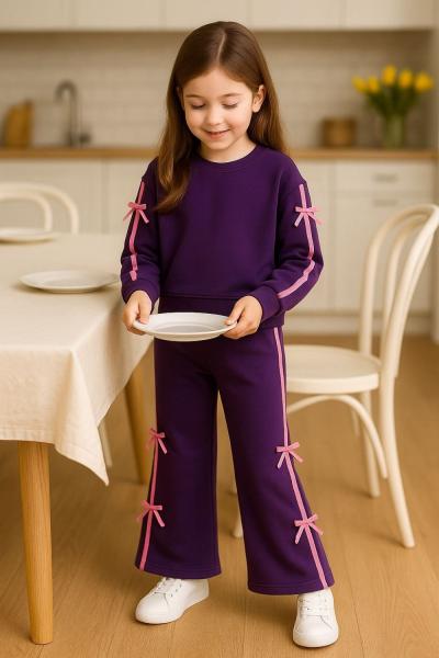 ŞERİTLİ FİYONKLU 2 İP KIZ EŞOFMAN TAKIMI  Mor