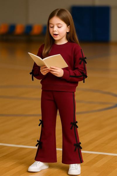 ŞERİTLİ FİYONKLU 2 İP KIZ EŞOFMAN TAKIMI  Bordo