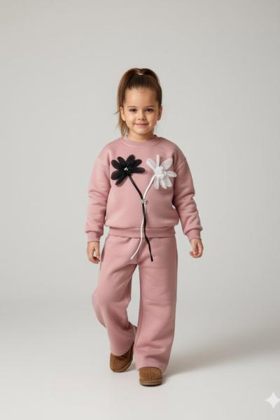 SİYAH BEYAZ ÇİÇEKLİ 3 İP ŞARDONLU KIZ TARZ TAKIM Gül