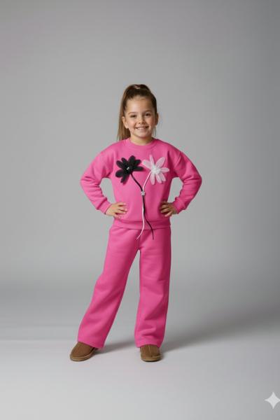 SİYAH BEYAZ ÇİÇEKLİ 3 İP ŞARDONLU KIZ TARZ TAKIM Fuşya