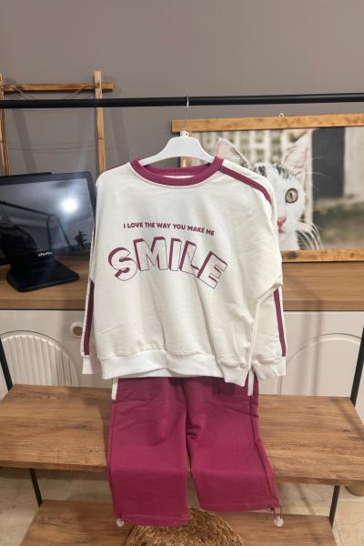 SMİLE BASKILI ALT CEPLİ KIZ TAKIM Mürdüm