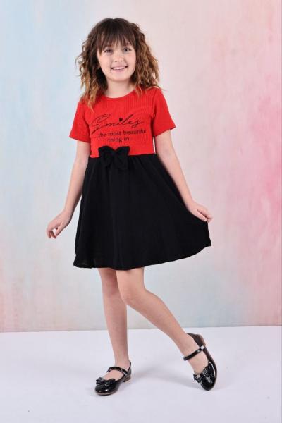 SMİLEY YAZILI BEL FİYONKLU MÜSLİN ELBİSE  Kırmızı