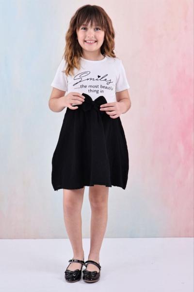 SMİLEY YAZILI BEL FİYONKLU MÜSLİN ELBİSE  Beyaz