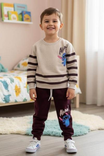 STİCH ALOHA ÇİZGİLİ ERKEK TAKIM Kahverengi