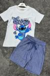 STITCH YAZAN İNCE KOT ŞORTLU TAKIM Lacivert