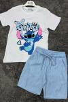 STITCH YAZAN İNCE KOT ŞORTLU TAKIM Mavi