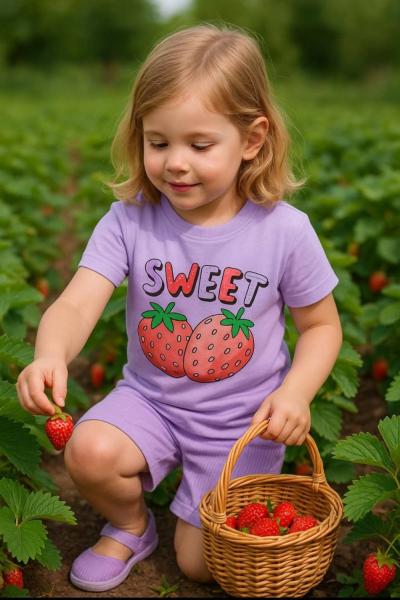 SWEET ÇİLEKLİ ŞORTLU KIZ TAKIM  Lila