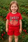 SWEET YAZAN ÇİLEK DETAYLI PENYE ŞORTLU KIZ TAKIM Fuşya