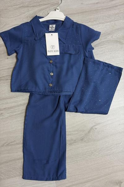 TAŞLI DÜĞMELİ KIZ TAKIM  Mavi