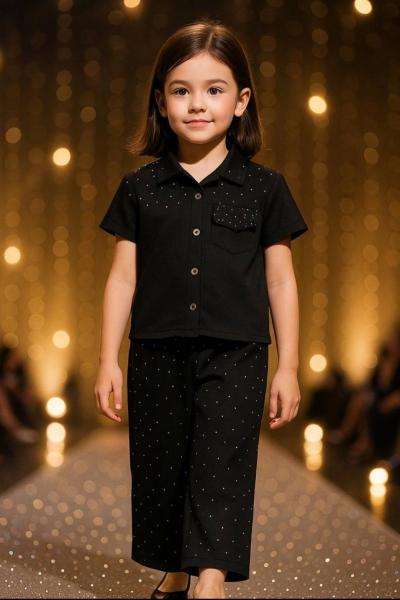 TAŞLI DÜĞMELİ KIZ TAKIM  Siyah