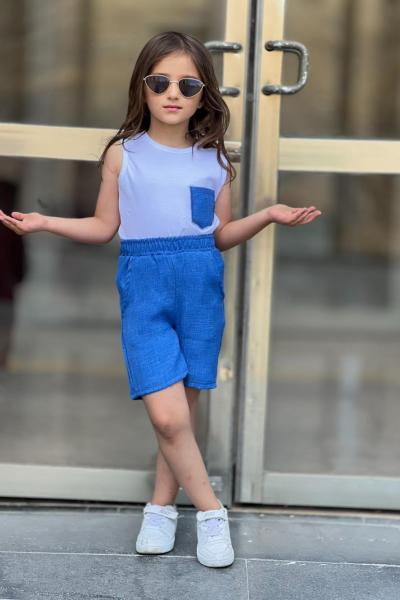 ÜST BEYAZ SIFIR KOL CEP DETAYLI KETEN ŞORTLU TAKIM  Mavi