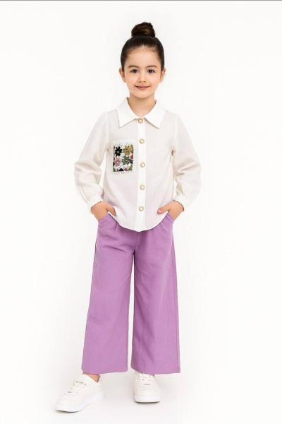 ÜST BEYAZ GÖMLEK NAKIŞ DETAYLI KETEN TAKIM  Lila