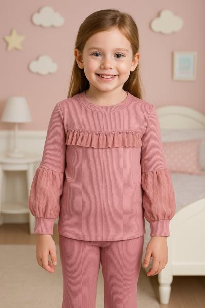 ÜST İNCİLİ FIRFIR DETAYLI BALON KOL KAŞKORSE KIZ TAKIM Gül