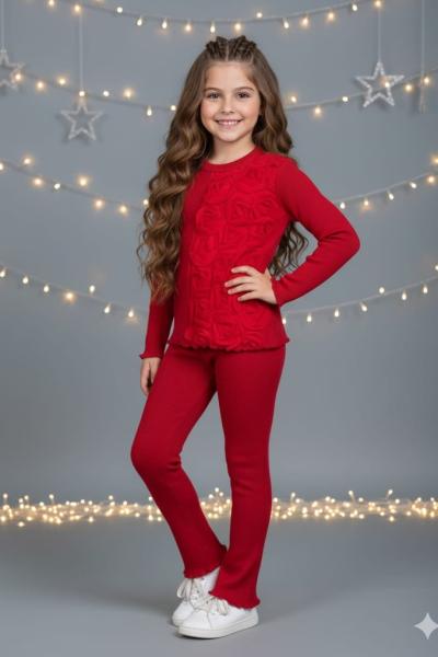 ÜST YARIM GÜL DETAYLI RİBANA KIZ TAYTLI TAKIM Kırmızı
