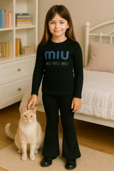 ÜSTÜ MİU TAŞLI MODEL ALT İSPANYOL TAYTLI FİTİLLİ KIZ TAKIM Siyah