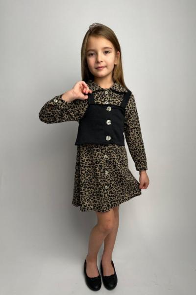 UZUN KOL YELEKLİ LEOPAR ELBİSE  Bej