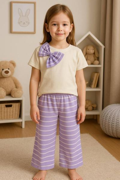 YAKASI FİYONKLU PANTOLONU ÇİZGİLİ İSPANYOL TAKIM  Lila