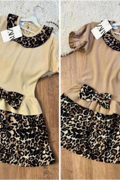 YAKASI LEOPARLI ETEK UCU LEOPARLI ELBİSE  Bej