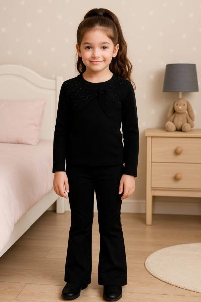 YAKASI TAŞLI BÜYÜK FİYONKLU KIZ İSPANYOL TAKIM Siyah