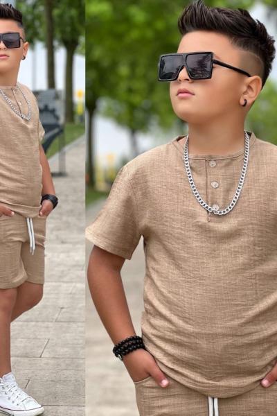 YAKASI ÜÇ DÜĞMELİ ERKEK ŞORTLU KETEN TAKIM  Bej