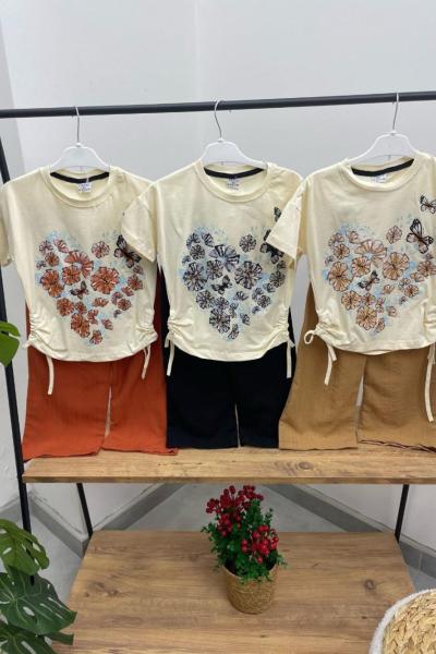 YANDAN BÜZGÜLÜ ÇİÇEKLİ KELEBEKLİ İSPANYOL KETEN TAKIM  Sütlü Kahve