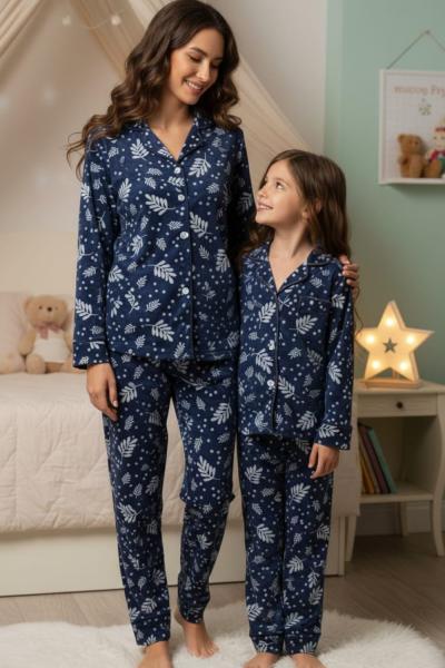 YAPRAK DESENLİ SÜET ANNE PİJAMA TAKIMI  Lacivert
