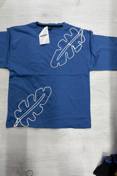 YAPRAK NAKIŞLI TİŞÖRT  Mavi