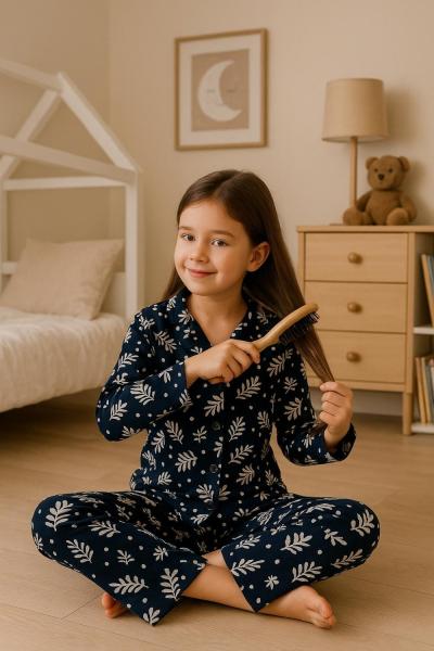 YAPRAKLI SÜET KIZ PİJAMA TAKIMI Lacivert