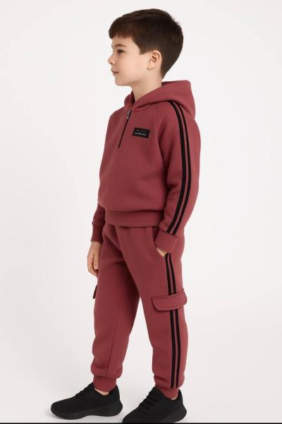 YARIM FERMUARLI ŞERİT DETAYLI UNISEX 3 İP ŞARDONLU EŞOFMAN TAKIMI  Mürdüm