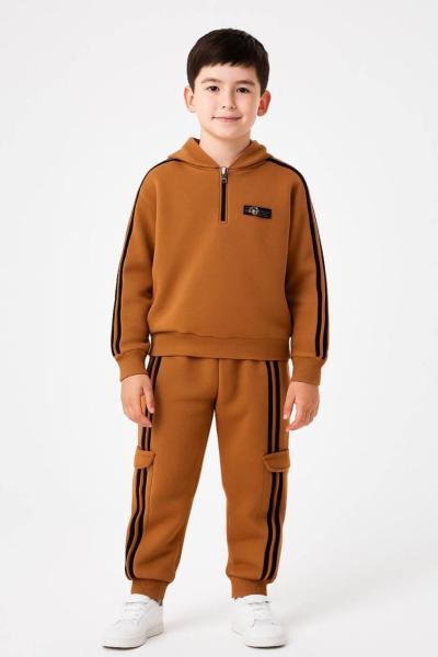 YARIM FERMUARLI ŞERİT DETAYLI UNISEX 3 İP ŞARDONLU EŞOFMAN TAKIMI  Kahverengi