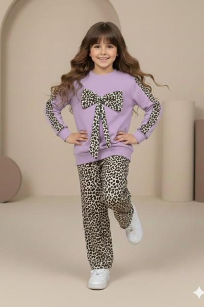YENİ ORTASI FİYONKLU ALT LEOPAR BÜRÜMCÜK KIZ TAKIM Lila