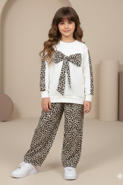 YENİ ORTASI FİYONKLU ALT LEOPAR BÜRÜMCÜK KIZ TAKIM Beyaz
