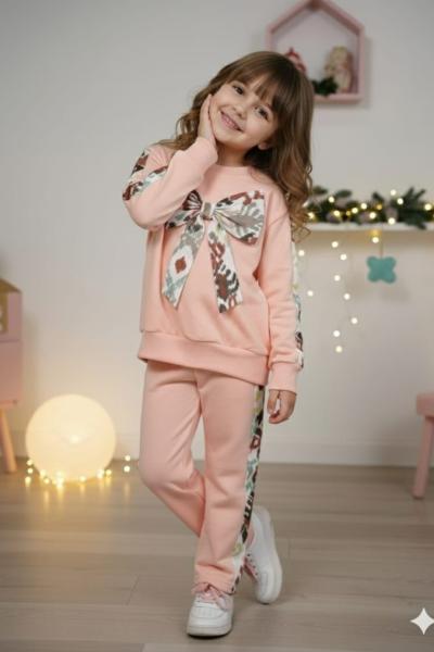 YENİ YANLARI ETNİK DESENLİ İKİ İP TARZ KIZ TAKIM Pudra