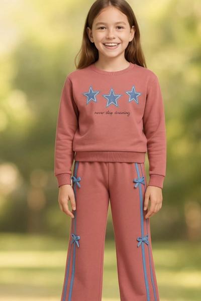 YILDIZLI KOT DETAYLI İKİ İPLİK KIZ EŞOFMAN TAKIMI  Gül