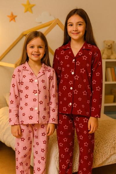 YILDIZLI SÜET KIZ PİJAMA TAKIMI Pembe
