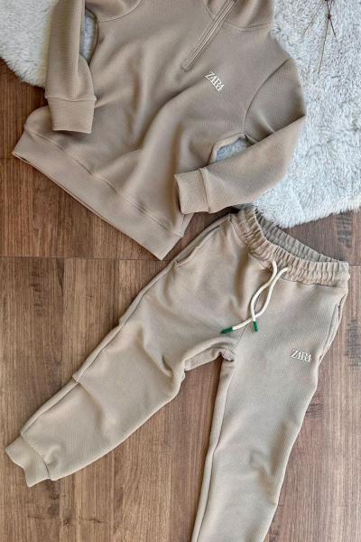 ZARA YARIM FERMUARLI ÇAKIL TAŞLI KUMAŞ UNİSEX TAKIM Bej