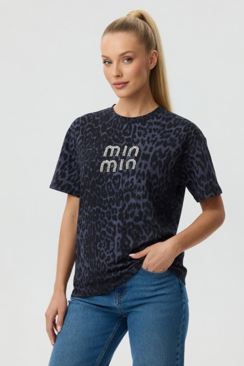 MİN MİN YAZILI LEOPAR DESENLİ TŞÖRT  Füme