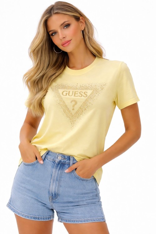 GUESS SORU İŞARETLİ TAŞLI TEK TŞÖRT  Sarı