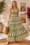 ETNİK DESEN BELİ LASTİKLİ VİSCON ELBİSE  Yeşil