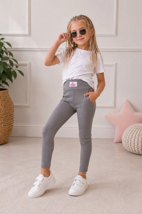 YÜKSEK BEL BARBİE ETİKETLİ DÜZ FİTİLLİ TAYT Gri