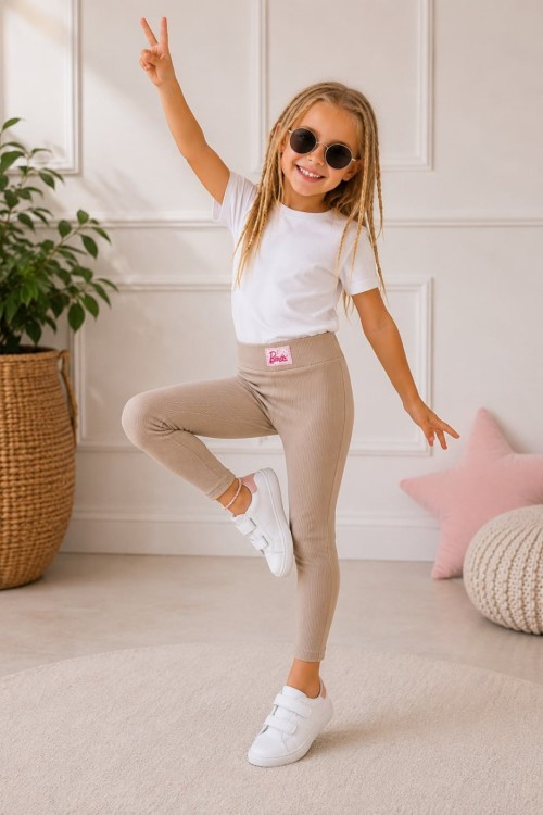 YÜKSEK BEL BARBİE ETİKETLİ DÜZ FİTİLLİ TAYT Bej