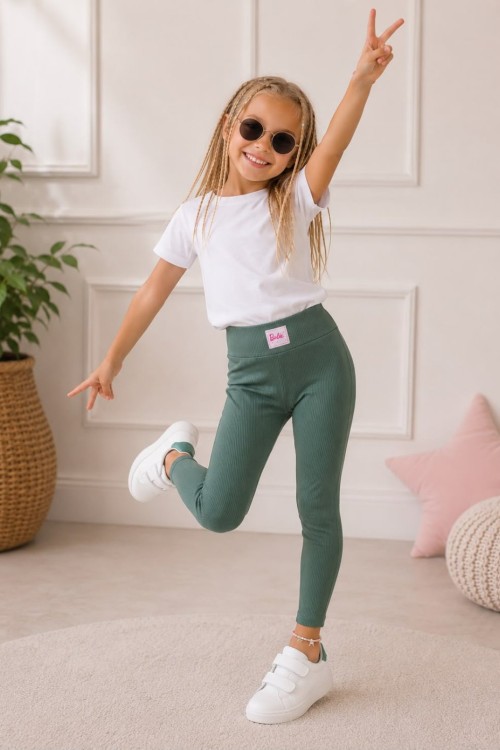 YÜKSEK BEL BARBİE ETİKETLİ DÜZ FİTİLLİ TAYT Yeşil