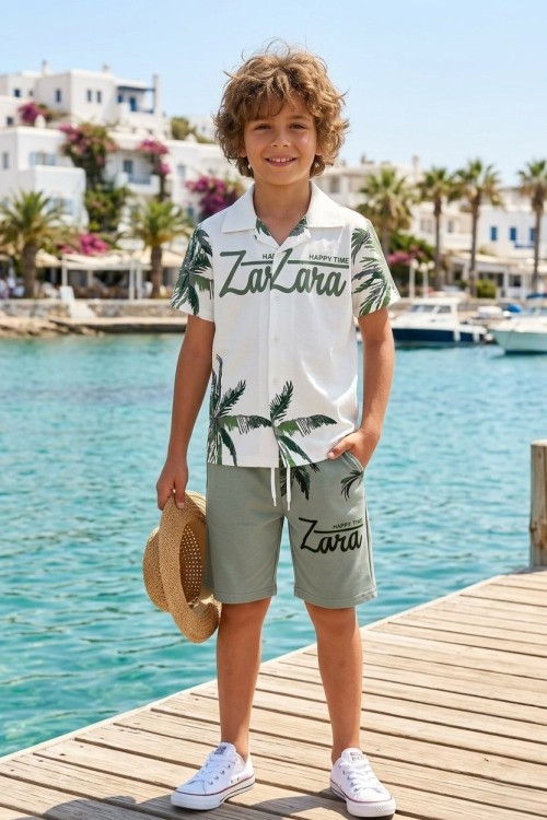 ZARA HAPPY TİME PALMİYE GÖMLEK ŞORTLU TAKIM  Gri